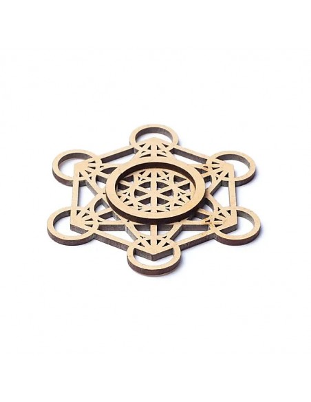 Supporto in legno con cubo di Metatron per sfere di pietra
